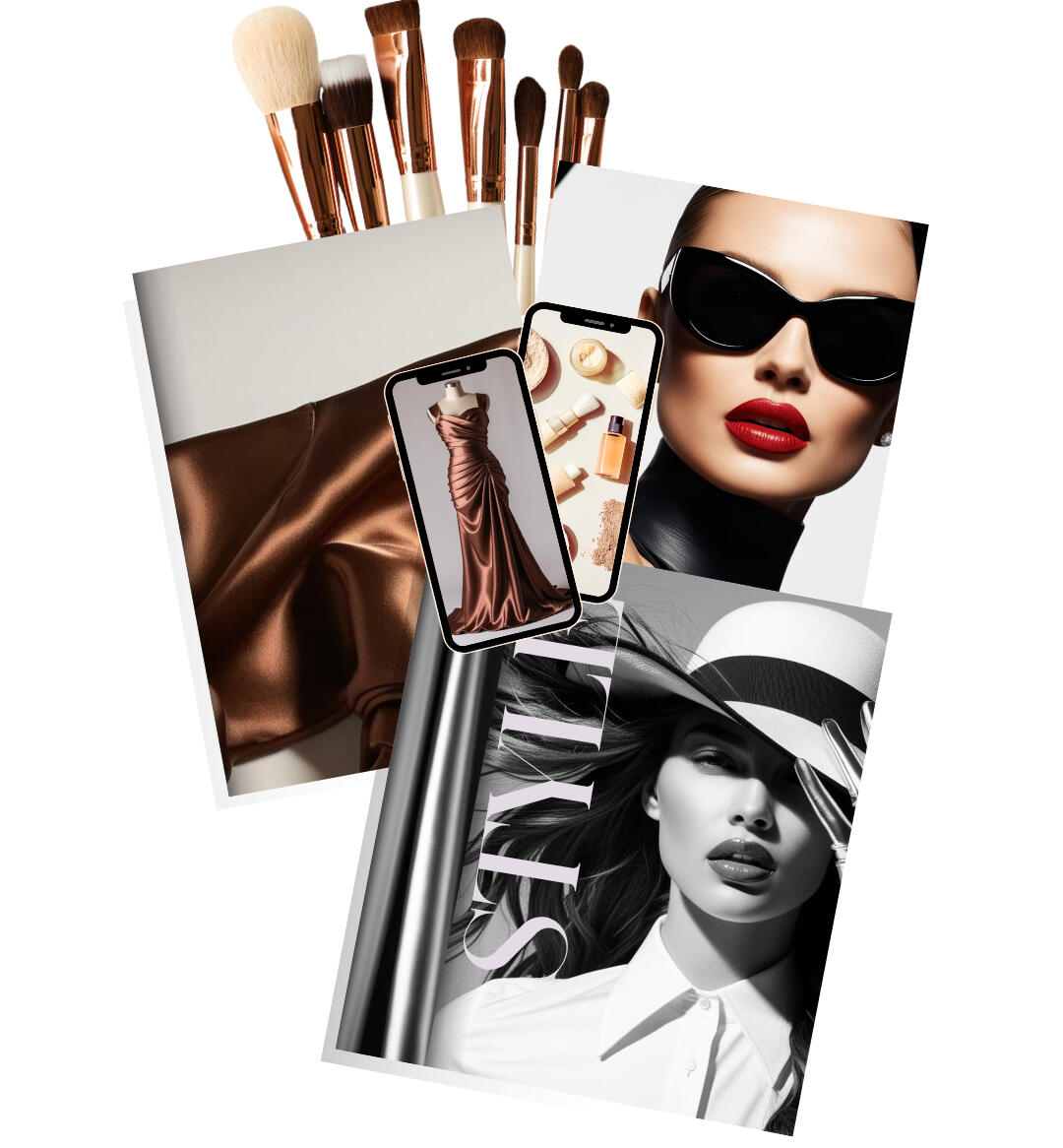 Design Layout (non AI), Stock Photo Selection for Makeup Brushes (non AI), AI Prompting for Images of Models, Dress, Fabric, and Beauty Products.